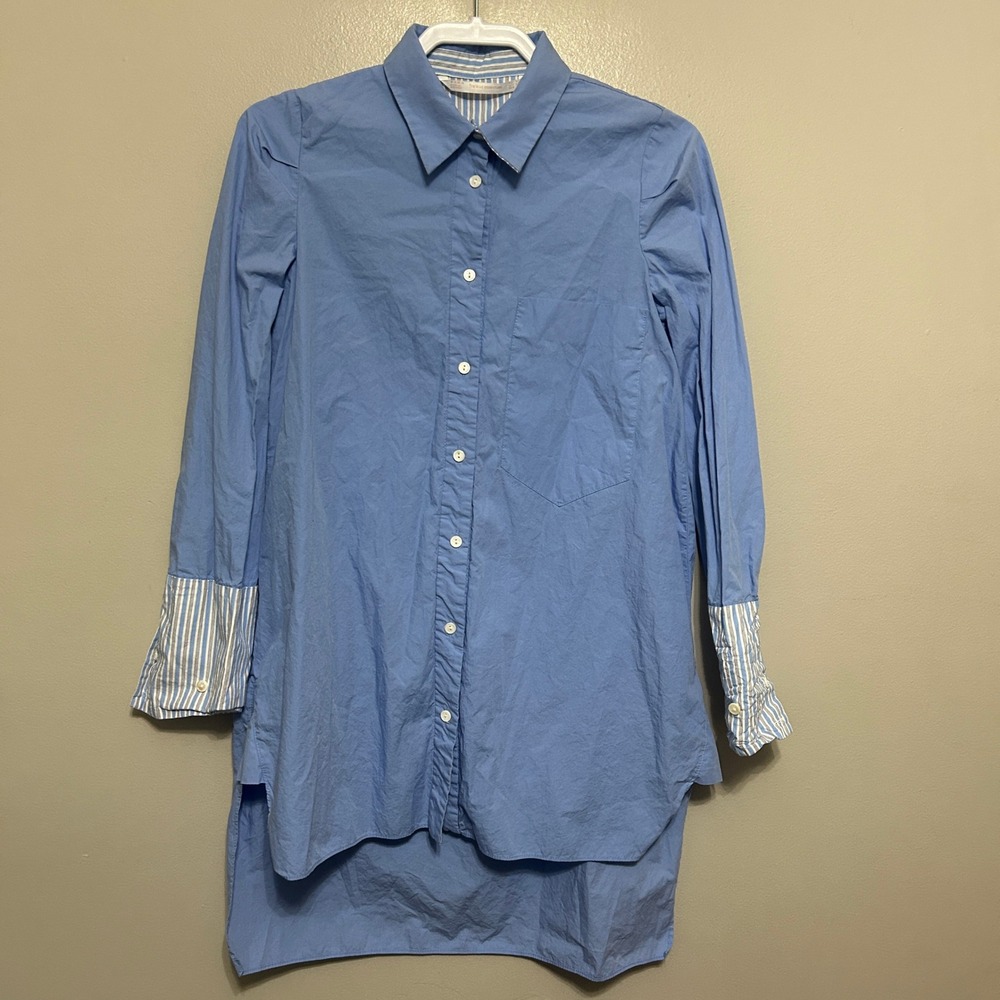 Zara Button Down Shirt Womens XS Blue High Low Striped Trim Tunic Coastal Preppy